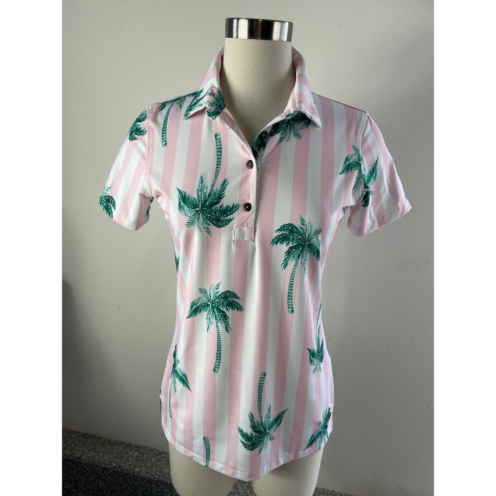 Kenny Flowers Womens Medium Tropical Palm Stripe Button Up Shirt Golf Polo Top